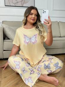 SHEIN Butterfly Print Plus Size Women Short Sleeve Pajama Set With Pants - Yellow - View 4