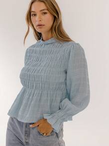 Aralina Boho Chic Shirred Long Sleeve Dobby Blouse - Dusty Blue - View 1