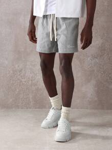 SUMWON 优质条纹常规款抽绳短裤，休闲夏季棉质家居服，舒适的沙滩运动步行短裤，带侧袋