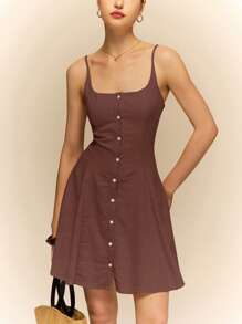 Poéselle 亚麻连衣裙挂脖连衣裙，前中心纽扣装饰，面料舒适透气，休闲度假适合日常通勤度假装女士纯色简约日常吊带裙