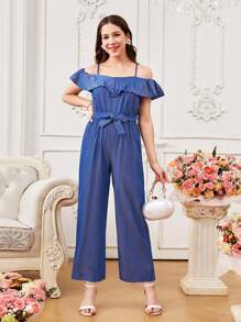 Casual Ruffled Strap Wide Leg Jumpsuit With Cropped Pants, For Teenage Girls Office Commute - Blue - View 4