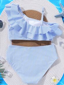 Tween Girl Swimwear Set - Blue & White Striped Spaghetti Strap Swimsuit With Double Ruffle Hem And Matching Blue & White Striped Swim Shorts, Suitable For Summer, Spring & Autumn Holiday/Beach/Water Park/Swimming, Sweet & Minimalist Urban Fashion