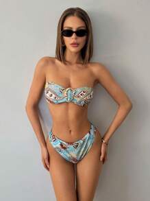 SHEIN ICON Women's 2 Pieces Swimwear Set, Summer Two Pieces Outfits Beach Bandeau Strapless Top And Triangle Bottom, Minimalist And Fashionable, Suitable For Summer