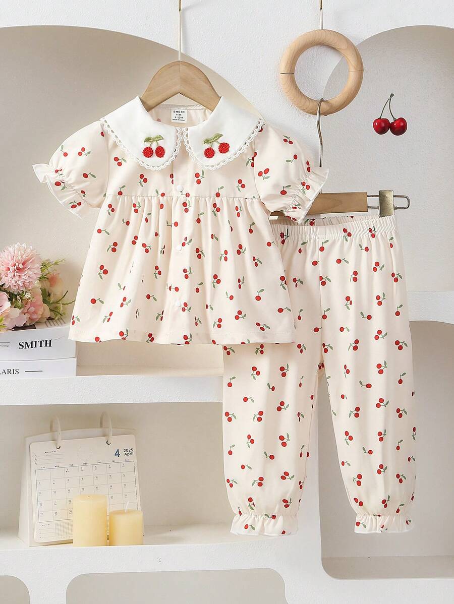 2pcs Baby Girls Cute Short Sleeve Peter Pan Collar Top And Pants Pajama Set, Soft, Lightweight Fabric With Small Cherry Print, Casual And Sweet Style - Multicolor - View 1