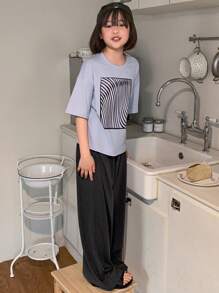 DAZY Tween Girls Round Neck Knit Print Short Sleeve T-Shirt + Pants Set, Home Clothes For Spring & Summer,Back To School Clothes - Blue - View 5