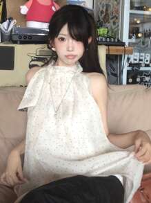 DAZY Bowknot Neck Loose Polka Dot Sleeveless Blouse Going Out Tops Fall - Beige - View 2