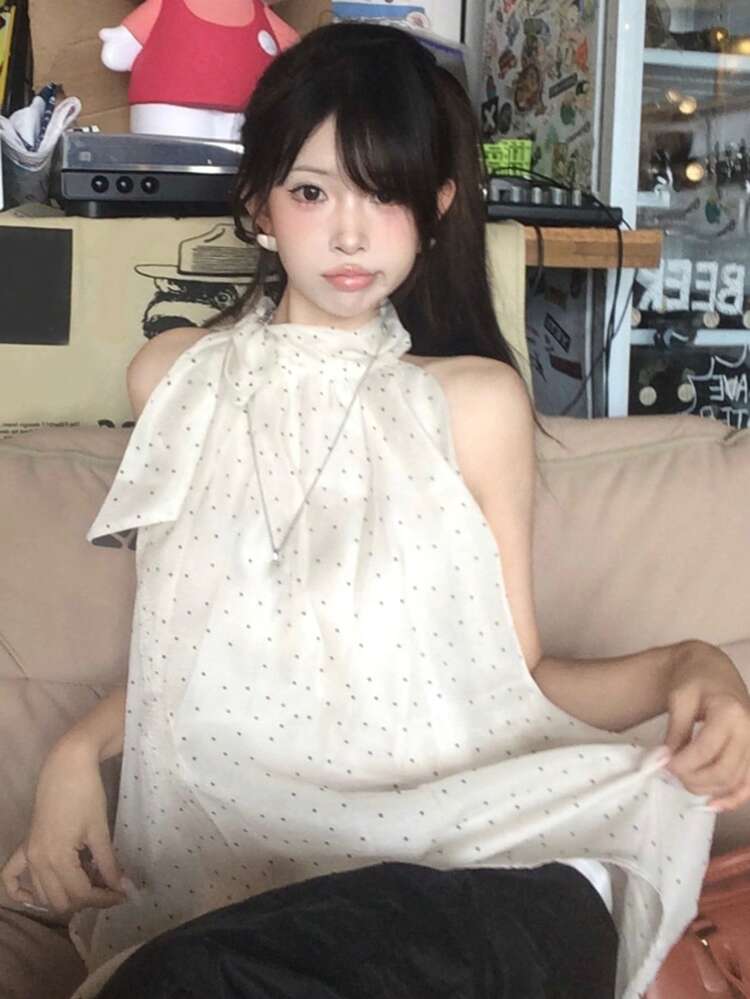 Bowknot Neck Loose Polka Dot Sleeveless Blouse Going Out Tops Fall