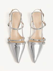 CUCCOO CHICEST Silver Color Retro Buckle Closure Pointed Toe Stiletto Heels, Elegant Ankle Strap Mid-Heel Pumps For Women