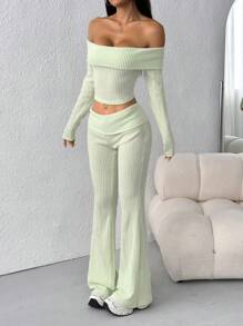 Muchica Women's Solid Color Off-The-Shoulder Cropped Top And Flared Pants 2 Pieces Set - Green - View 7