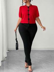 Elenzga 大码女式时尚休闲优雅立领纽扣衬衫 - 紅色 - 查看 4