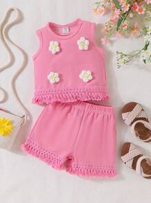 SHEIN Playful Pals 女婴夏季新款套装纯色 3D 花卉无袖上衣 + 短裤 - 玫紅色 - 查看 1