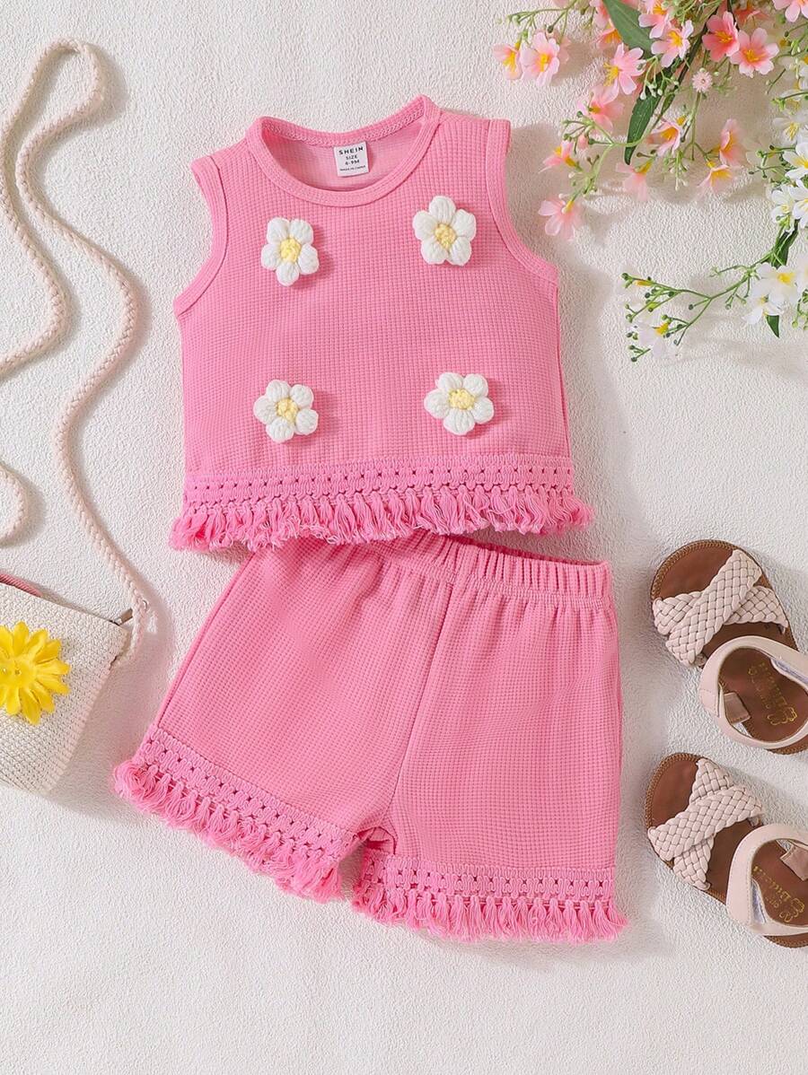 SHEIN Playful Pals 女婴夏季新款套装纯色 3D 花卉无袖上衣 + 短裤 - 玫紅色 - 查看 1