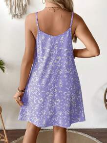 SHEIN 波西米亚孕妇度假碎花纽扣设计吊带背心连衣裙 - 淡紫色 - 查看 2