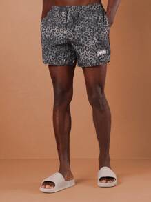 SUMWON 优质动物印花高性能泳裤豹纹图案运动沙滩冲浪短裤运动泳裤度假抽绳健身泳池派对度假弹性腰部运动