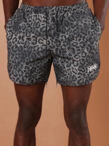 SUMWON 优质动物印花高性能泳裤豹纹图案运动沙滩冲浪短裤运动泳裤度假抽绳健身泳池派对度假弹性腰部运动