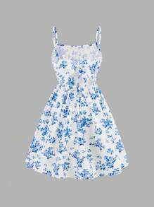 SHEIN Leap Crew Vestido corto de línea A con estampado floral azul y blanco con lazo en la espalda, apropiado para niña preadolescente en otoño/invierno, para fiesta/uso diario/vacaciones - Azul - Ver 3