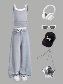 2pcs/Set Young Girl' Simple Solid Color Spaghetti Strap Top And Wide Leg Pants Comfortable Street Casual Suit - Grey - View 1
