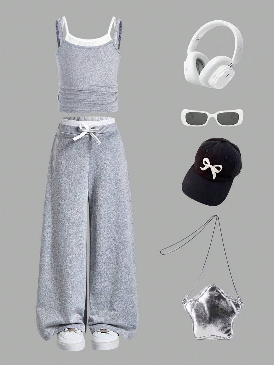2pcs/Set Young Girl' Simple Solid Color Spaghetti Strap Top And Wide Leg Pants Comfortable Street Casual Suit - Grey - View 1