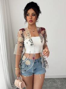 INAWLY Women's Elegant Floral Embroidered Mesh Ruffle Trim Short Sleeve Lightweight Cardigan, Summer - Clear - View 4