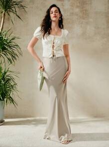 Chiquease 女士优雅方领撞色蕾丝前系带上衣 - 杏色 - 查看 2