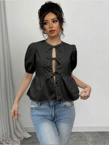 Rafferiza 女士夏季泡泡袖衬衫配蝴蝶结女士衬衫 - 黑色 - 查看 3