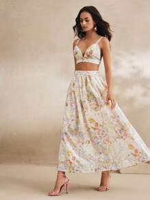 Anewsta 2 Pieces Set Women Summer, Holiday, Casual, Festival, Vacation - French Elegant Floral Embroidery Camisole Top And Long Skirt