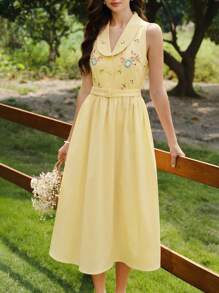 Vintamour Vintage Elegant Women's Dress With Pockets Embroidered Belt Summer Outfits For Women Summer Dresses For Women Easter Dress Women Spring Outfits For Women Summer Clothes Vacation Outfits Women Wedding Guest Dress Women Spring Dresses For Women Dresses For Women Summer Sun Dresses For Women Dresses For Women Elegant Vacation Outfits Woman Birthday Dresses For Women Vacation Dress Floral Dress Women Yellow Dresses For Women Casual,Butter Yellow,Bohemia - Yellow - View 5