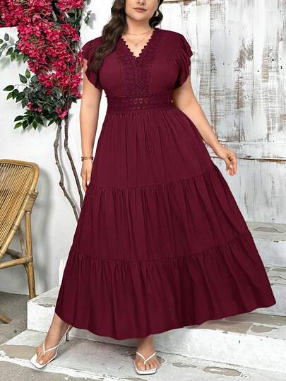 SHEIN Privé Plus Size Elegant Lace Patchwork V-Neck Loose Long A-Line Midi Dress, Short Sleeve