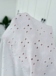 SHEIN Frenchy Plus Size Women Textured V-Neck Lace Splice T-Shirt - White - View 7