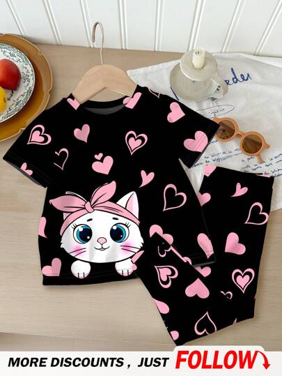 SHEIN Happikins 2pcs Young Girls Casual Cute Cat Heart Printed Short Sleeve T-Shirt And Pants Loungewear Set, Spring Summer Snug Fit