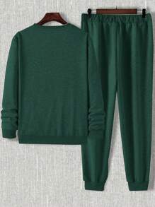 EURMUSE Bộ quần nỉ hai mảnh in chữ cotton và quần nỉ có túi xéo cho nam - Màu xanh lá cây đậm - Xem 3