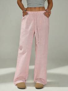SHEIN PETITE Petite Ladies Pink And White Casual Home Striped Trousers Suitable For Spring And Summer Baggy - Pink - View 4