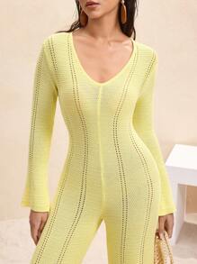 BY FELIZIA Light Yellow Solid Color Knitted V-Neck Flared Long-Sleeved Jumpsuit, Butter Yellow Holiday Elegant Casual Jumpsuits For Women