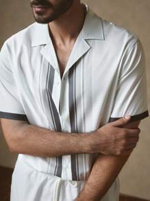 Manfinity VCAY 2 件男士休闲编织立领修身短袖衬衫和抽绳腰直筒短裤套装，适合日常穿着 - 白色 - 查看 5