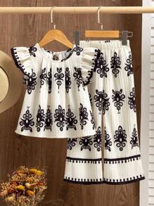 SHEIN Elladie kids 2 件套青少年女孩套装：荷叶边下摆印花圆领上衣和松紧腰裤