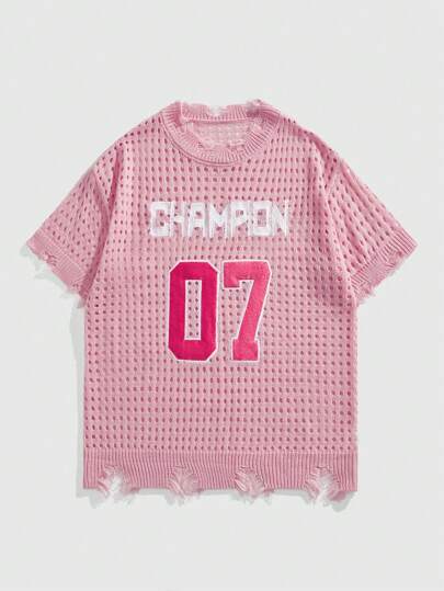 Anime Men's Hollow Ripped Knit Short Sleeve Sweater