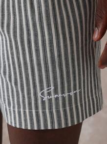 SUMWON 优质条纹常规款抽绳短裤，休闲夏季棉质家居服，舒适的沙滩运动步行短裤，带侧袋