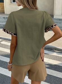 SHEIN Frenchy Women's Leopard Print Cutout Collar Summer Casual Short Sleeve Shirt Cheetah Green Christmas - Green - View 2