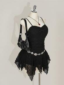 SHEIN ICON Plus Size Women Solid Color Pleated Spaghetti Strap Asymmetrical Hem Dress - Black - View 6