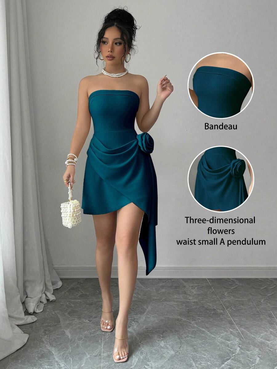 Elenzga Apricot Strapless Ruched A-Line Elegant Romantic Floral Detailed Dress For Women, Valentine's Day - Teal Blue - View 1