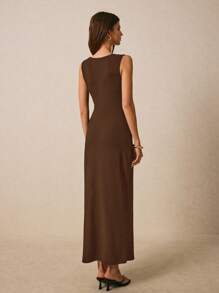 Poéselle Women's Button Design V-Neck Sleeveless Long Casual Dress,Business Casual Woman,Summer Dresses For Women - Brown - View 7