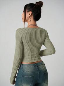 SHEIN ICON 女士纯色长袖简约罗纹休闲 Y2K 方领假日雪地女士米色舒适上衣，日常穿着 - 軍綠色 - 查看 2