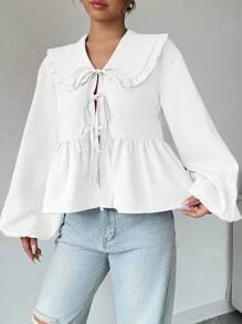 SHEIN Unity 个性领口灯笼袖前结荷叶边衬衫夏季女式衬衫 - 白色 - 查看 3