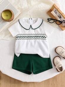 SHEIN 2pcs/Set Baby Boy Eid Mubarak Outfit - Mandarin Collar Short Sleeve Top And Shorts - Green - View 4