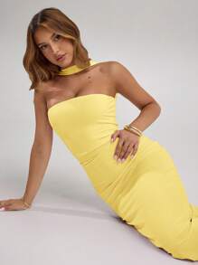 SHEIN BAE Đầm suông cổ yếm xếp ly màu trơn thanh lịch cho nữ - Màu vàng - Xem 8