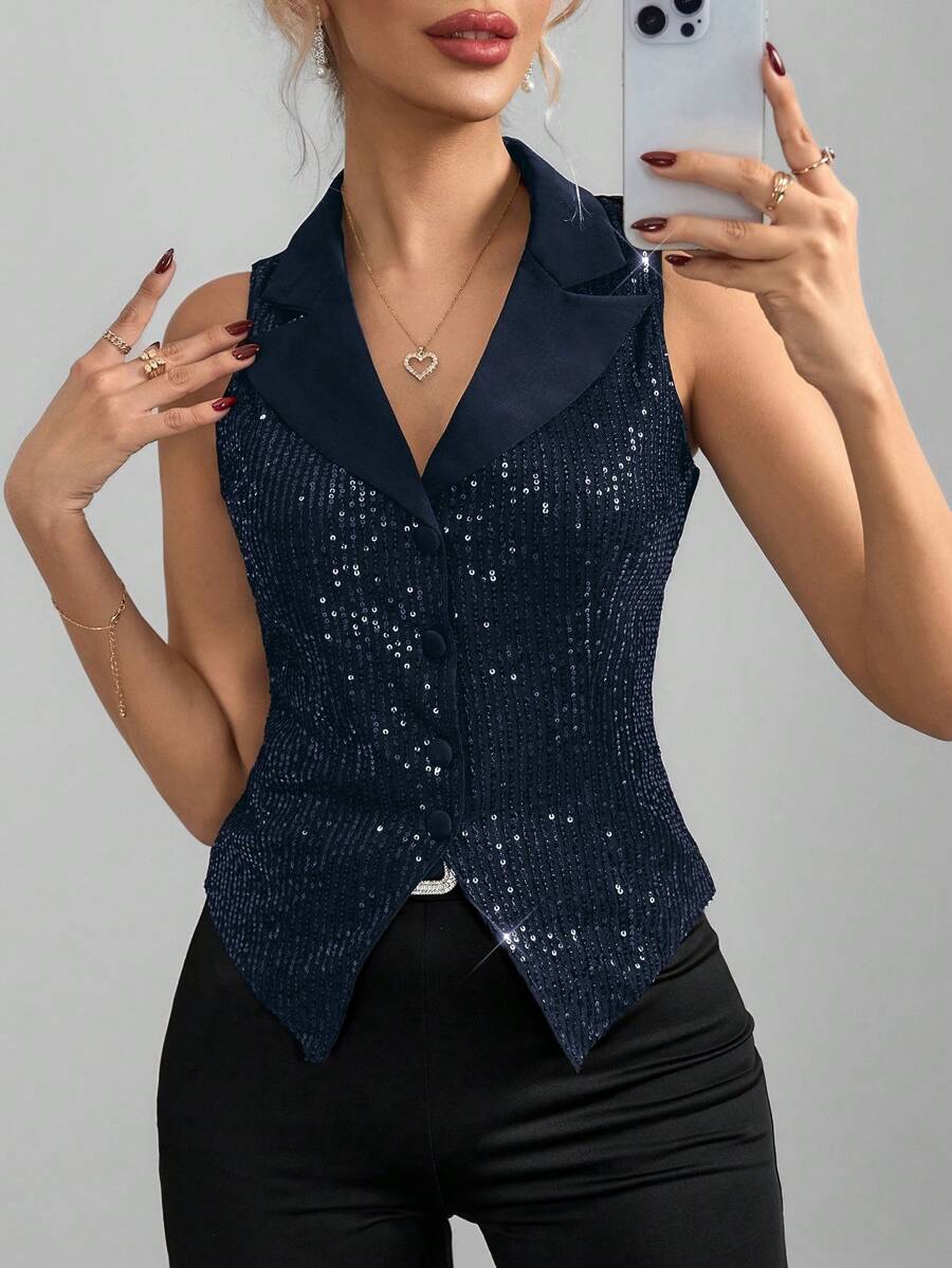 SHEIN Clasi 女士黑色无袖上衣,西装领,修身剪裁,饰有优雅亮片,适合派对/夜间外出,秋冬季穿着 - 藏蓝色 - 查看 1