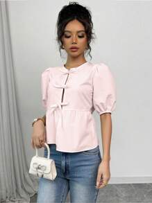 Chiquease Camisa corta de verano para mujer de unicolor con mangas abullonadas y lazo - Rosa Pálido - Ver 3