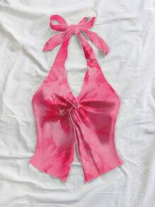 Soleia Camisole dos nu à imprimé floral rose sexy et à la mode, avec lien torsadé et fente sur le devant, idéale pour l'été - Rose bonbon - Voir 5