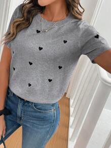 SHEIN Frenchy 女士休闲心形图案短袖针织上衣，春夏 - 灰色 - 查看 6