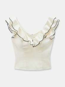 Maija 女式米色前后高领荷叶边撞色饰边设计优雅都市精致时尚春夏连衣裙，采用撞色饰边、U 领、飘逸袖子、荷叶边拼接，商务休闲街头必备，巡航装 - 白色 - 查看 6